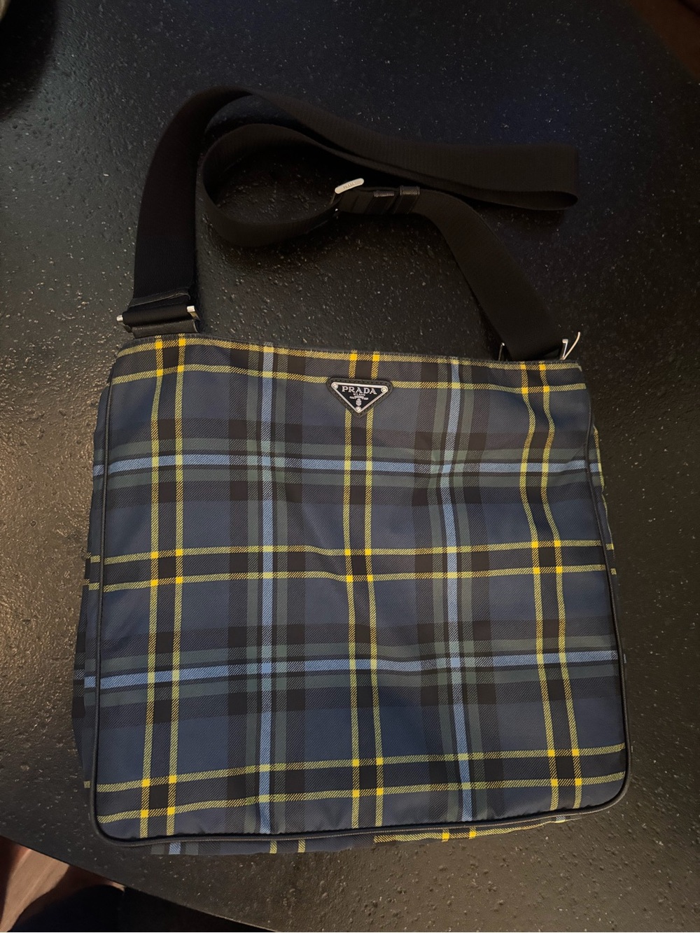 Prada Navy, Light Blue & Yellow Plaid Messenger Bag